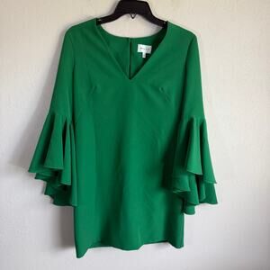 Milly Vibrant Emerald Green V-Neck Dramatic Tier Bell Sleeve Shift Dress Women 4